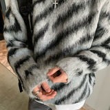 Zebra Sweater Men Autumn Winter Mohair Long Sleeve Round Neck New Korean Fashion Casual Male Tops Contrast aidase-shop