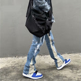 High Street New Wash Speckled Ink Spliced Jeans, Personalized Straight Loose Micro Flared Long Jeans aidase-shop