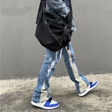 High Street New Wash Speckled Ink Spliced Jeans, Personalized Straight Loose Micro Flared Long Jeans aidase-shop