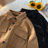 Spring Camel Suede Long-sleeve Shirt Men Plush Thickened Warm Letter Shirt Unisex Japanese Workwear Cargo Blouse Jacket aidase-shop