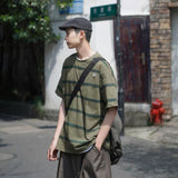 Vintage Stripe T-shirt Hong Kong Versatile Short Sleeve Tees Korean High Street Men Dark Color T-shirt Underlay aidase-shop