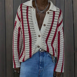 Autumn Trend Mens Knit Shirts Fashion Striped Jacquard Cardigan Tops For Men Spring Vintage Button-down Lapel Knitted Shirt aidase-shop
