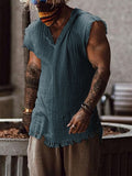 Aidase Vintage Solid Color Cotton Tops Men Casual Sleeveless V-Neck Loose Tank Tops  Summer Mens Clothing Fashion Vest Streetwear aidase-shop