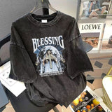 Vintage Black T-shirt High Street Hip Hop Old Washed Short Sleeve Shirts Unisex  Oversize Graffiti Printing Tees aidase-shop