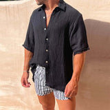 Casual Loose Solid Color Pleated Cotton Linen Shirt Men Leisure Loose Short Sleeve Lapel Buttoned Tops Summer Men's Clothes aidase-shop
