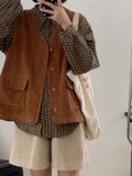 Japan Cargo Corduroy Vest Men and Women Hong Kong Style Vintage Pocket Loose Sleeveless Jacket Unisex Safari Waistcoat aidase-shop