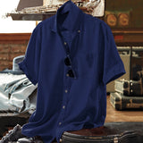 Beach Style Casual Loose Shirts Men Summer Fashion Pure Color Short Sleeve Buttoned Lapel Tops Shirt Vintage Oversize Mens Shirt aidase-shop