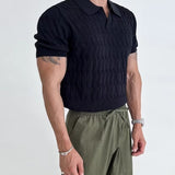 Casual Jacquard Knit Polo Shirt Men Fashion Solid Elastic Knitted Slim Tops Summer Vintage Short Sleeve Polo Tee Mens Streetwear aidase-shop