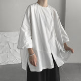 Summer New Shirt Short Sleeve T-shirt for Man Fashion Side Slit Bell Sleeves Tops Loose Vintage Button Shirts Tees aidase-shop