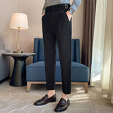 Aidase  British Style Men High Waist Casual Dress Pant Men Belt Design Slim Trousers Formal Office Social Wedding Party Dress Suit Pants aidase-shop