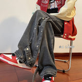 Vintage Distressed Jeans Side Button Pants Men Black Denim Trousers Male Autumn Loose Casual Japanese Streetwear Hip Hop aidase-shop