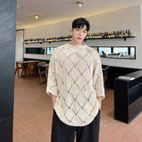 Temperament Loose Hollow Out Breathable Short Sleeve Knitted Tshirt Men's Top Sweater Fashion 2023 Round Neck aidase-shop