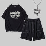 Summer casual fashion bear print short-sleeved T-shirt men's suit with Hong Kong style overalls shorts suit men aidase-shop