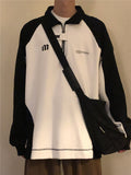 Autumn Lapel Long-sleeved Sweatshirt Men Loose American Retro Preppy Half Zip Top Goth Letter Black White Contrast Top aidase-shop