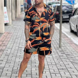Vintage Geometric Printed Loose Suits Men Summer Short Sleeve Lapel Shirts And Shorts Two Piece Sets Mens Clothes Leisure aidase-shop