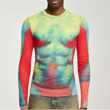 Men's New Tight Long-sleeved Sexy Top Streetwear Men's Stripe-Print O-Neck  Stretch T-shirt for Boys Graphic T Shirts aidase-shop