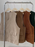 Japan Cargo Corduroy Vest Men and Women Hong Kong Style Vintage Pocket Loose Sleeveless Jacket Unisex Safari Waistcoat aidase-shop