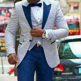 Aidase One Button Light Blue Plaid Wedding Groom Tuxedos Peak Lapel Groomsmen Mens Dinner Prom Suits (Jacket+Pants+Vest+Tie) NO:1476 aidase-shop