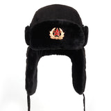 Soviet Army Military Badge Russia Ushanka Bomber Hats Pilot Trapper Aviator Cap Winter Faux Rabbit Fur Earflap Snow Caps hat aidase-shop
