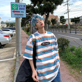 Striped Contrast Short Sleeve T-Shirt Men's Trendy Summer Street Hip Hop Loose Retro Couple Tops Personality Cotton Half Sleeve aidase-shop
