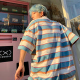 Striped Contrast Short Sleeve T-Shirt Men's Trendy Summer Street Hip Hop Loose Retro Couple Tops Personality Cotton Half Sleeve aidase-shop