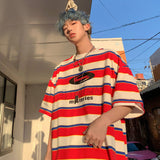 Striped Contrast Short Sleeve T-Shirt Men's Trendy Summer Street Hip Hop Loose Retro Couple Tops Personality Cotton Half Sleeve aidase-shop