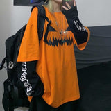 NiceMix Harajuku pumpkin Print letter T shirt Fake 2 Pieces Patchwork Casual Long Sleeve T-shirt Women And Men Streetwear Tops aidase-shop