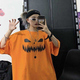NiceMix Harajuku pumpkin Print letter T shirt Fake 2 Pieces Patchwork Casual Long Sleeve T-shirt Women And Men Streetwear Tops aidase-shop