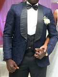 Aidase Men Suits Light Navy Blue and Black Groom Tuxedos Shawl Lapel Groomsmen Wedding Best Man ( Jacket+Pants+Bow Tie+Vest ) C684 aidase-shop