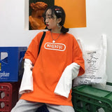 NiceMix Harajuku pumpkin Print letter T shirt Fake 2 Pieces Patchwork Casual Long Sleeve T-shirt Women And Men Streetwear Tops aidase-shop