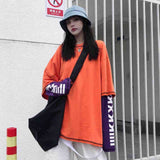 NiceMix Harajuku pumpkin Print letter T shirt Fake 2 Pieces Patchwork Casual Long Sleeve T-shirt Women And Men Streetwear Tops aidase-shop