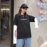 NiceMix Harajuku pumpkin Print letter T shirt Fake 2 Pieces Patchwork Casual Long Sleeve T-shirt Women And Men Streetwear Tops aidase-shop