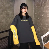 NiceMix Harajuku pumpkin Print letter T shirt Fake 2 Pieces Patchwork Casual Long Sleeve T-shirt Women And Men Streetwear Tops aidase-shop