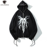 Aolamegs Punk Graphic Print Zipper Ribbon Hooded Hoodie Men Casual Black Cool Oversize Coat Fashion Sweatshirt Streetwear Autumn aidase-shop