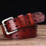 Men's Leather Double Prong Belt Classic Double Row Hole Belt Universal Hollowed Out Belt Jeans Men Waistband NEW Belts for Men aidase-shop