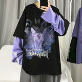 Aidase Autumn high street diablo long-sleeved men's fake two-piece t-shirt male students Korean loose clothes trendy men's clothing aidase-shop