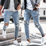 Streetwear Knee Ripped Skinny Jeans for Men Hip Hop Fashion Destroyed Hole Pants Solid Color Male Stretch Denim Trousers aidase-shop