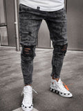 Streetwear Knee Ripped Skinny Jeans for Men Hip Hop Fashion Destroyed Hole Pants Solid Color Male Stretch Denim Trousers aidase-shop