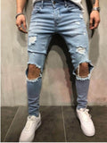 Streetwear Knee Ripped Skinny Jeans for Men Hip Hop Fashion Destroyed Hole Pants Solid Color Male Stretch Denim Trousers aidase-shop