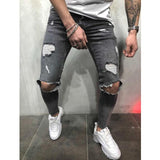 Streetwear Knee Ripped Skinny Jeans for Men Hip Hop Fashion Destroyed Hole Pants Solid Color Male Stretch Denim Trousers aidase-shop