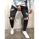 Streetwear Knee Ripped Skinny Jeans for Men Hip Hop Fashion Destroyed Hole Pants Solid Color Male Stretch Denim Trousers aidase-shop