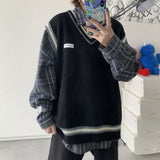 Sweater Vest Men V-neck Shrug Patchwork Knitted Couples Ins Plus Size 3XL Oversize Harajuku Vests Ins Chic Korean Style Leisure aidase-shop