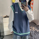 Sweater Vest Men V-neck Shrug Patchwork Knitted Couples Ins Plus Size 3XL Oversize Harajuku Vests Ins Chic Korean Style Leisure aidase-shop