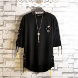 Aidase super Fire Ribbon Hooded Hip Hop Short Sleeve Hip Hop Fashion T-shirt Men's Fake Two-piece Street Bf Loose Five Sleeve T-shirt aidase-shop