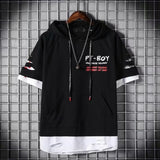 Aidase super Fire Ribbon Hooded Hip Hop Short Sleeve Hip Hop Fashion T-shirt Men's Fake Two-piece Street Bf Loose Five Sleeve T-shirt aidase-shop