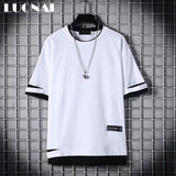 Aidase super Fire Ribbon Hooded Hip Hop Short Sleeve Hip Hop Fashion T-shirt Men's Fake Two-piece Street Bf Loose Five Sleeve T-shirt aidase-shop