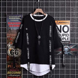 Aidase super Fire Ribbon Hooded Hip Hop Short Sleeve Hip Hop Fashion T-shirt Men's Fake Two-piece Street Bf Loose Five Sleeve T-shirt aidase-shop