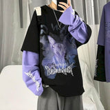 Aidase Autumn High Street Diablo Long-sleeved Men's Fake Two-piece T-shirt Male Students Korean Loose Clothes Trendy Men's Clothing aidase-shop