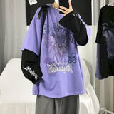 Aidase Autumn High Street Diablo Long-sleeved Men's Fake Two-piece T-shirt Male Students Korean Loose Clothes Trendy Men's Clothing aidase-shop