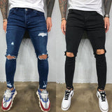 Men Jeans Black Blue Cool Skinny Knee Hole Ripped Stretch Slim Elastic Denim Pants Solid Color High Street Style Trousers Man aidase-shop